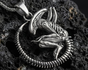 Alien Pendant Necklace, 925 Sterling Silver Xenomorph Jewelry