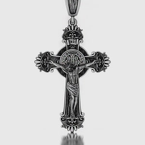Large Gothic Crucifix Cross Necklace for Men Silver Jewelry Cross of Jesus Religious Catholic Gift Cross Pendant St Benedict