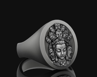 Buddha and Buddhist Gods OM Ring For Best Friend, Extraordinary Mens Signet Ring in Silver, Pinky Occult Ring For Dad
