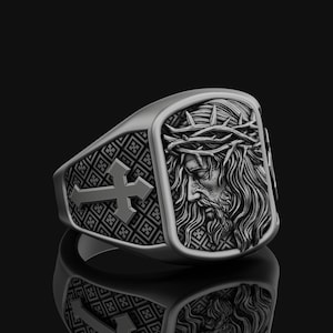 Anillo de plata INRI de Jesús de Nazaret, diseño de corona de espinas, banda con patrón de cruz para hombre, regalo de joyería cristiana devocional