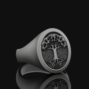 Tree of Life Engraved Mens Ring in Silver, Unique Yggdrasil Pinky Signet Ring For Men, Good Luck Ring For Husband