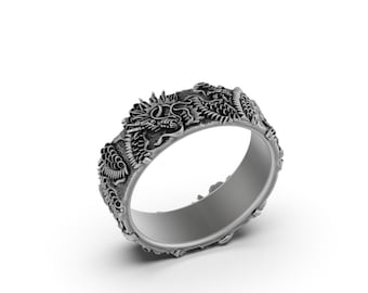 Japanese Dragon Silver Mythology Ring, 925 Sterling Silver Biker Ring, Stackable Ring, Handmade Jewelry, Engraved Ring, Best Man Gift