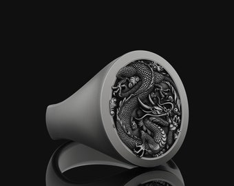 Chinese Dragon Silver Pinky Signet Ring For Men, Fantasy Ring For Best Friend, Mythology Jewelry For Lunar New Year Gift