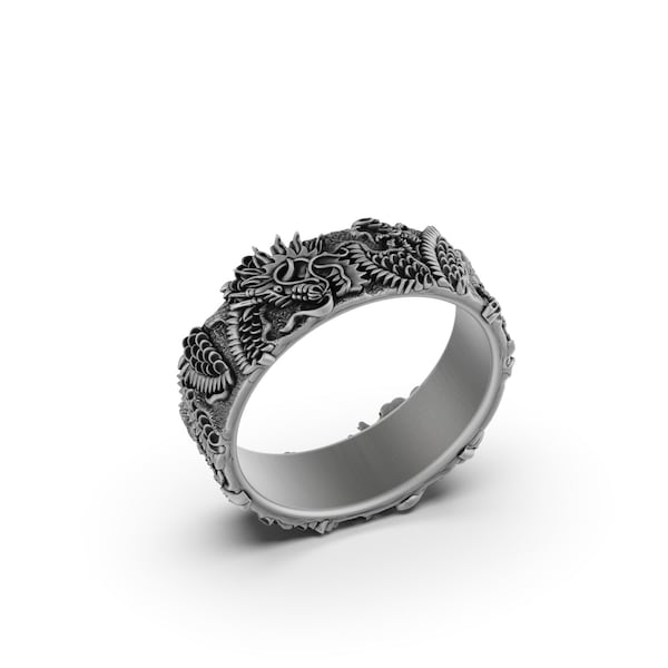 Japanischer Drachen Silber Mythologie Ring, 925 Sterling Silber Biker Ring, stapelbarer Ring, handgemachter Schmuck, Ring mit Gravur, Trauzeuge Geschenk