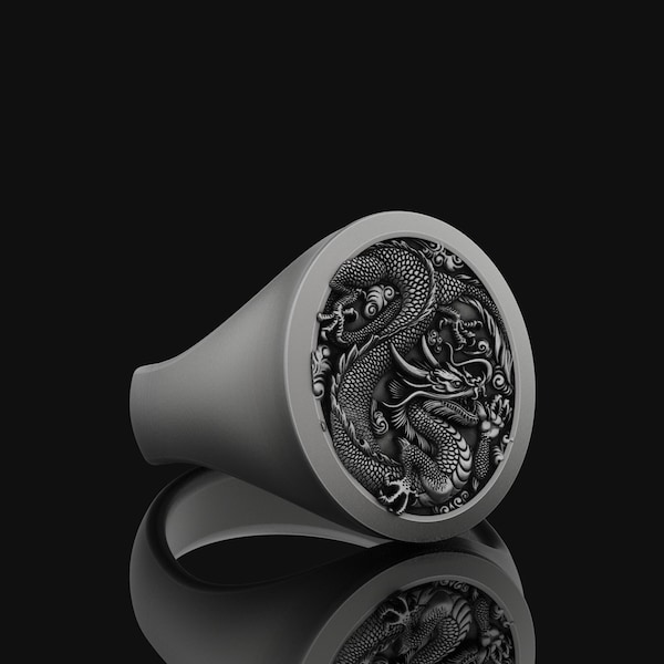 Chinese Dragon Silver Pinky Signet Ring For Men, Fantasy Ring For Best Friend, Mythology Jewelry For Lunar New Year Gift