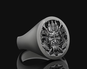 Japanese Warrior Samurai Oval Mens Signet Ring in Silver, Engraved Pinky Ring For Boyfriend, Fantasy Ring For Men