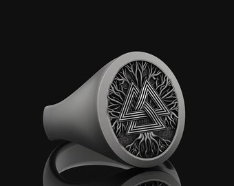 Valknut Oval Pinky Signet Ring in Sterling Silver, Warrior Symbol in Norse Mythology Pagan Ring, Scandinavian Ring