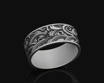 Wave Ring, Silver Engraved Ring, Mens Band Wave Pattern Ring, Ring for Men, Geometric Style Vintage Ring, Gift for Him