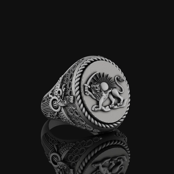 Löwen Sonne Ring, Faravahar Ring, Persisches Symbol Ring, Erb Geschenk, Zoroastrismus Schmuck, Silber Faravahar