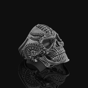 Biomechanic Skull Ring, Sterling Mech Skull, Futuristic, Cyberpunk Jewelry, Sci-Fi, Men&#39;s Bio-Skull, Unisex, Steampunk, Unique Cyber Gift