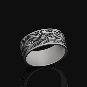 Bague vague, bague en argent gravée, bague pour homme à motif vague, bague pour homme, bague vintage de style géométrique, cadeau pour lui image 1