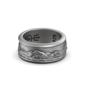Spinning Mountain Engraved Ring, Nature and Adventure Inspired, Hiking Lover&#39;s Gift, Summit & Landscape Scene Jewelry