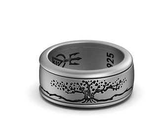 Alliance rotative en argent Yggdrasil gravée - Mythologie nordique, arbre de vie élégant, bijoux spin d'inspiration viking