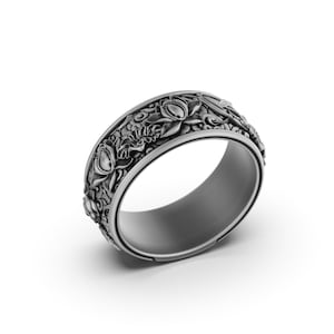 Lotus Flower Ring, Engraved Band Ring, Floral Silver Ring, Yoga Jewelry, Spiritual Jewelry, Peace Symbol Ring