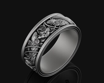 Poissons koi, bague de fiançailles pour hommes poissons, bague inspirée de la nature poissons japonais, bague de fiançailles pour hommes gravée pour cadeau d'anniversaire de papa