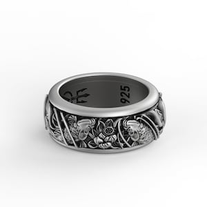 Spinner Fidget  Koi Fish Band Ring, Japanese Inspired, Nature Aquarium Jewelry, Men&#39;s Engravable Band