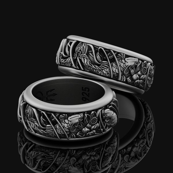 Bague rotative carpe koï, inspiration japonaise, bijoux nature aquarium, bague à graver pour homme