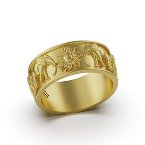 Solid Gold Elephant Band Ring Family, Anniversary Gift For Her Wedding, Engagement, Spirit Animal Ring