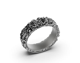 Dragon Band, Sterling Silver Mens Ring, Traditional Chinese Meditation Ring, Masculine Mens Jewelry, Yin Yang, Buddhist, Gift
