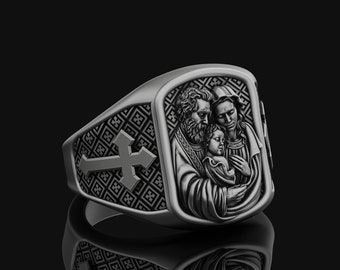 Holy Family Silver Ring, Jesus Mary Joseph, Men's Cross Pattern Band, Religious Christian Jewelry, Spiritual Gift