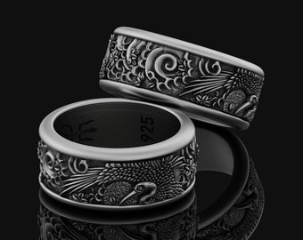 Spinner Fidget  Crane Wedding Band Ring, Engravable Inside, Elegant Bird Design, Unique Symbol of Longevity