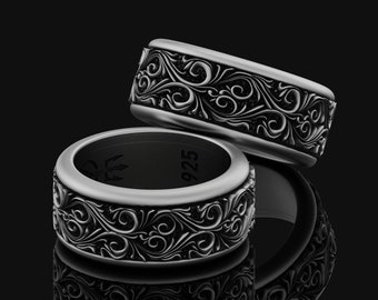 Spinner Fidget  Floral Wedding Band Ring, Engravable Inside, Elegant Blossom Design, Unique Bridal Jewelry