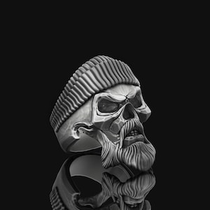 Men's Skull with Beret Ring, Solid Silver Men Skull Ring, Beret Skull Ring, Oxidized Jewelry, Birthday Gift, Valentine Gift Ideas for Dad
