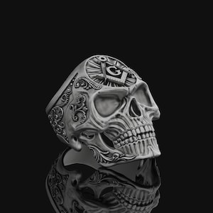 Skull Masonic Ring, Sterling Skull Ring, Masonic Skull Ring, Freemason Ring, Skull Jewelry, Masonic Symbol, Unisex, Unique Gift