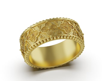 14K Gold Wedding Band, Unisex Floral Pattern Ring