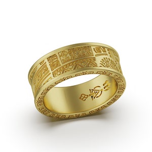 Gold Maori Pattern Band, Polynesian, Hawaiian Wedding Jewelry - 14K, Samoan Culture Maori Tribe, Mans Fashion Ring Tribal 18K
