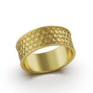 Solid Gold Hexagon Ring, Geometric Honeycomb Pattern Engagement Ring, 18K White, Rose Gold Jewelry 14K Unisex Jewelry