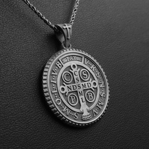 Saint Benedict Medallion Two-Sided Religious Pendant Catholic Necklace Sterling Silver Jewelry Gold Plated Accessory Birthday Gift for Men