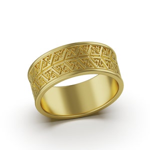 10K Gelbgold Azteken Dekor Ring, Maya Muster Verlobung, Ehering 14K Unisex Schmuck Jahrestag Geschenk für ihn, Herren