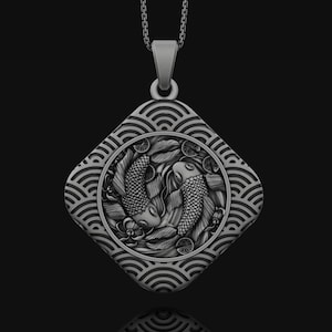 Koi Fish Necklace, Yin Yang Pendant, Japanese Style, Seigaiha Pattern, Spiritual Jewelry, Balance Symbol, Asian Inspired, Water Element