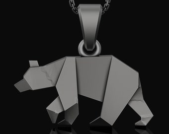 Silver Origami Bear Pendant Charm - Elegant Folded Bear Necklace, Unique Geometric Wildlife Jewelry, Artistic Nature Inspired