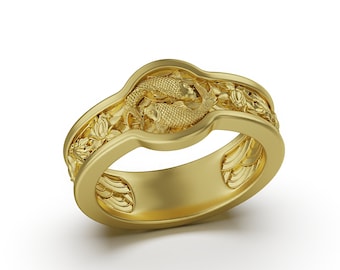 18K Yin and Yang Band, Pisces Wedding Ring, Zodiac Wedding Band, Anniversary Gift, Fish Ring, Chinese Gold Engagement Ring