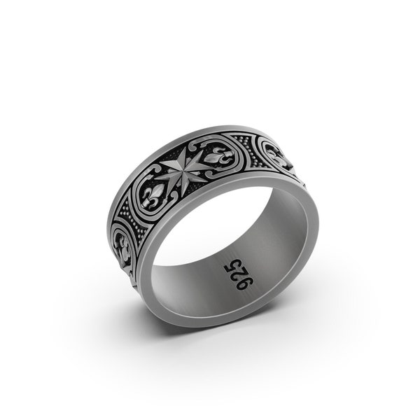 Bague fleur de lys argent croix de malte chevaliers hospitaliers chrétien, bijoux religieux catholique promesse fiançailles anniversaire de mariage