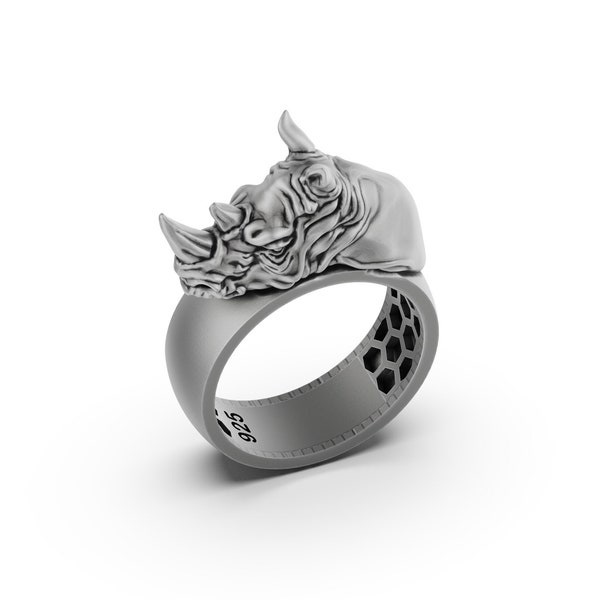 Sterling Silver Rhinoceros Band Ring, Hand Carved Animal Jewelry, Endangered Species, Chunky Statement Ring, Anniversary Gift