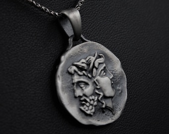 Silber Antike Janus Münze Schmuck Antike römische Gott Reich Halskette Geschenk für ihren Herren Geburtstag, Weihnachten Ideen