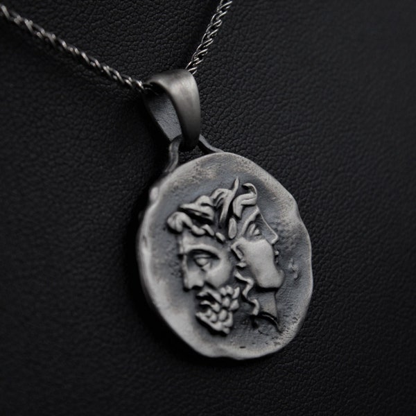 Zilveren oude Janus munt sieraden antieke Romeinse God rijk ketting cadeau voor haar heren verjaardag, kerstideeën