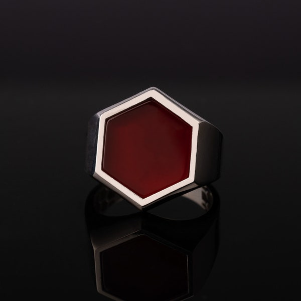 Handmade Hexagon Red Garnet Ring, Sterling Silver Gemstone Jewelry