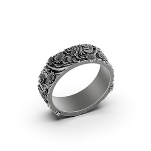 Spring Blossom Ring, Floral Band Ring, Windswept Design, Flower Silver Band, Windy Day Ring, Spring Inspired Jewelry