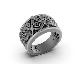 Men&#39;s Silver Mason Ring, Free Mason Band, Masonic, Freemason, Rose - Gold Plated Birthday Gift, Graduation, Anniversary