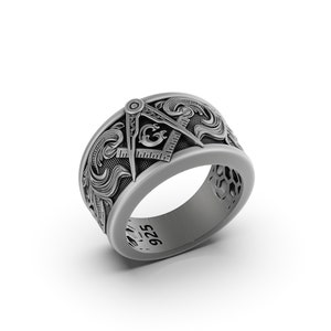 Men&#39;s Silver Mason Ring, Free Mason Band, Masonic, Freemason, Rose - Gold Plated Birthday Gift, Graduation, Anniversary
