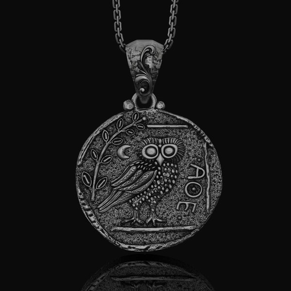 Athena's Owl Coin Necklace Pendant for Women, Sterling Silver Greek Jewelry, Coin Necklace, Jewelry Birthday Gift for Her, Christmas Gift