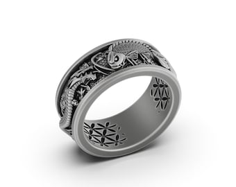 Handcrafted Silver Wedding Band Ring with Dragon and Koi Fish Design - Japanese Inspired Dragonfish Ring for a Unique Wedding Band