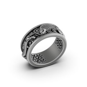 Handcrafted Silver Wedding Band Ring with Dragon and Koi Fish Design - Japanese Inspired Dragonfish Ring for a Unique Wedding Band
