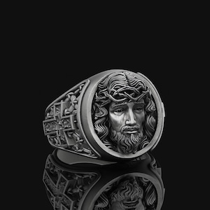 Anillo cristiano de plata, anillo de Jesucristo hecho a mano en plata de ley para hombre, anillo para hombre, joyería de plata de Jesús, joyería de plata con corona de espinas.