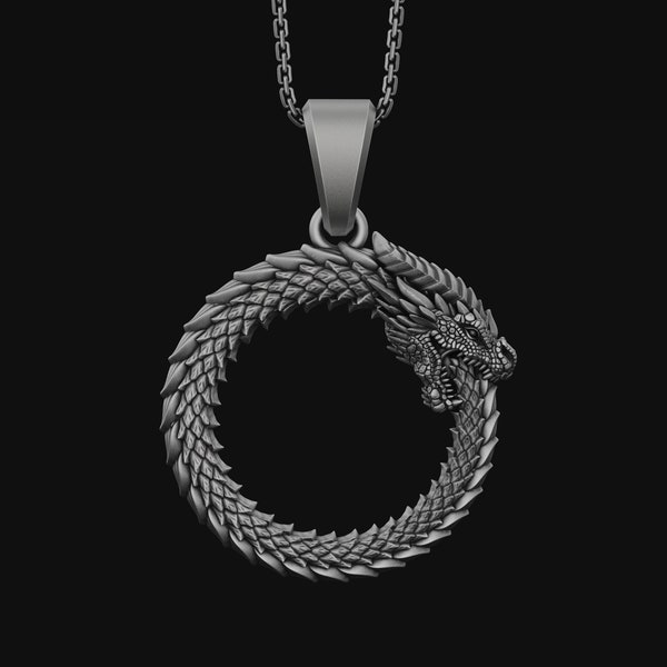 Silver Ouroboros Necklace - Ancient Mythology Serpent Pendant, Symbolic Rebirth Theme, Detailed Circular Design, Unique Artistic Accessory