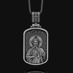 Silver Saint Jude Mens Necklace, Men Saint Jude Medallion, Saint Jude Silver Charm, Christian Medallion, Religious Catholic Silver Necklace